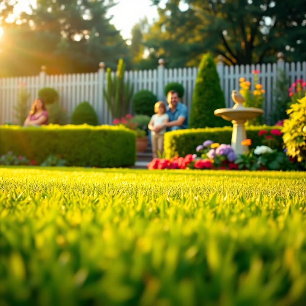 Create a photorealistic, ultra-high-quality 8K hero image for 'Just In Time Lawn Care'. The image should showcase a perfectly manicured lawn in the foreground, subtly transitioning to a beautifully landscaped garden area in the background. Include vibrant green grass, neatly trimmed hedges, and colorful flowers. The lighting should be soft and golden, as if captured during the 'golden hour'. A smiling family can be subtly included in the background, enjoying the yard. Focus on texture details of the grass, leaves, and flowers. The camera angle should be a wide shot, slightly low to the ground to emphasize the lushness of the lawn. Add elements like a neatly placed garden gnome or a birdbath to enhance the scene's appeal. The overall style should be realistic and inviting, evoking feelings of pride and relaxation. Render in hyperrealistic detail.