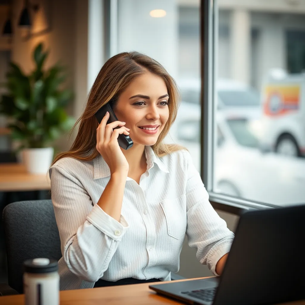 A customer service representative talking to a customer on the phone. The representative is sitting in a private office with a closed door, ensuring confidentiality. The image should convey a sense of privacy and discretion.
