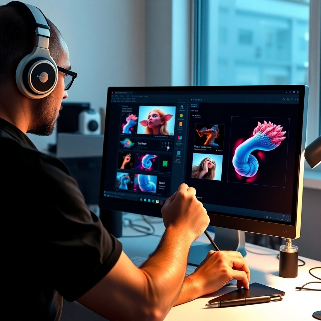 Create a photorealistic image of an artist using AI tools to design and refine a digital artwork. Display the process on a computer screen with AI-generated images and design elements clearly visible. Showcase tools that aid creativity, such as image generation, upscaling, or style transfer. The setting should be clean and well-lit, resembling a modern creative workspace.