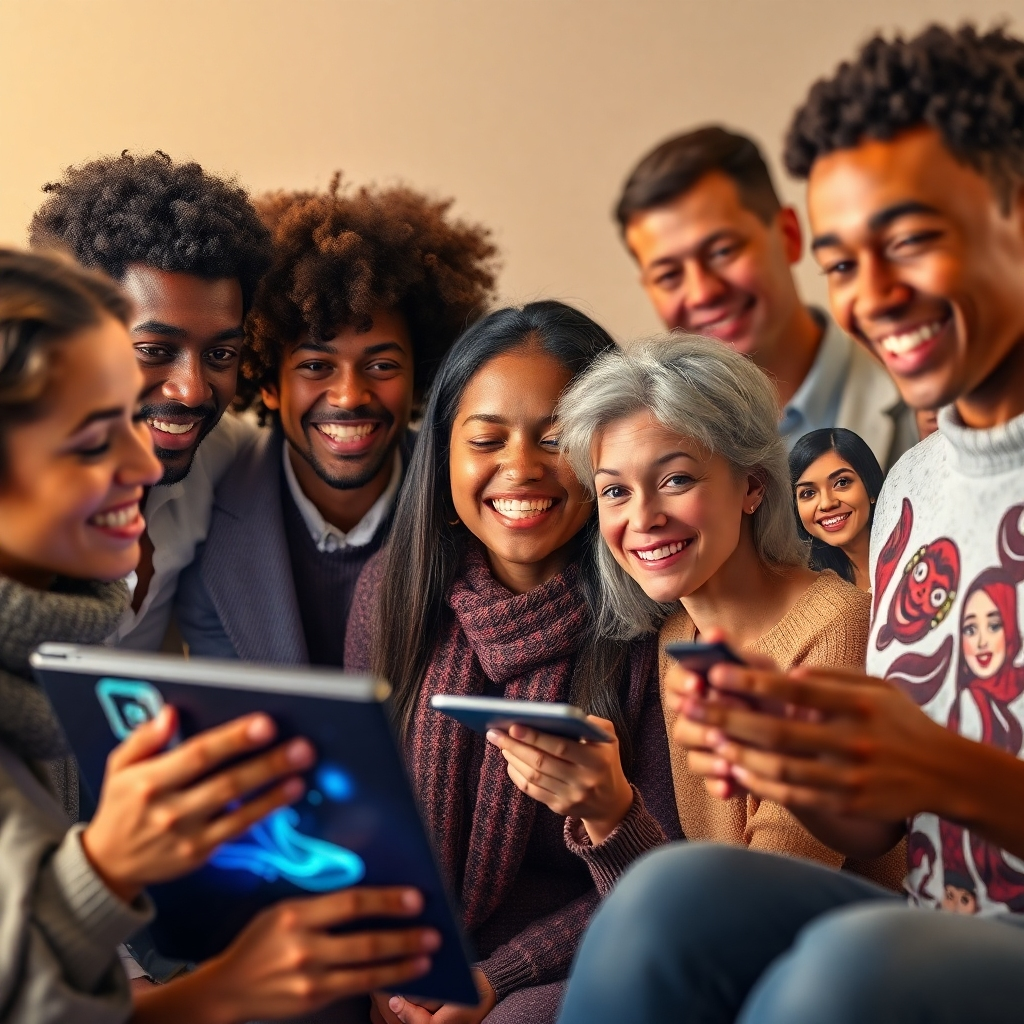 Create a photorealistic image of diverse individuals, of various ages and backgrounds, using AI art software, creating unique digital art pieces. The image should capture the excitement and accessibility of digital art with AI assistance. Emphasize diverse artistic styles and joyful expressions on the faces of the users. Incorporate soft, warm lighting.