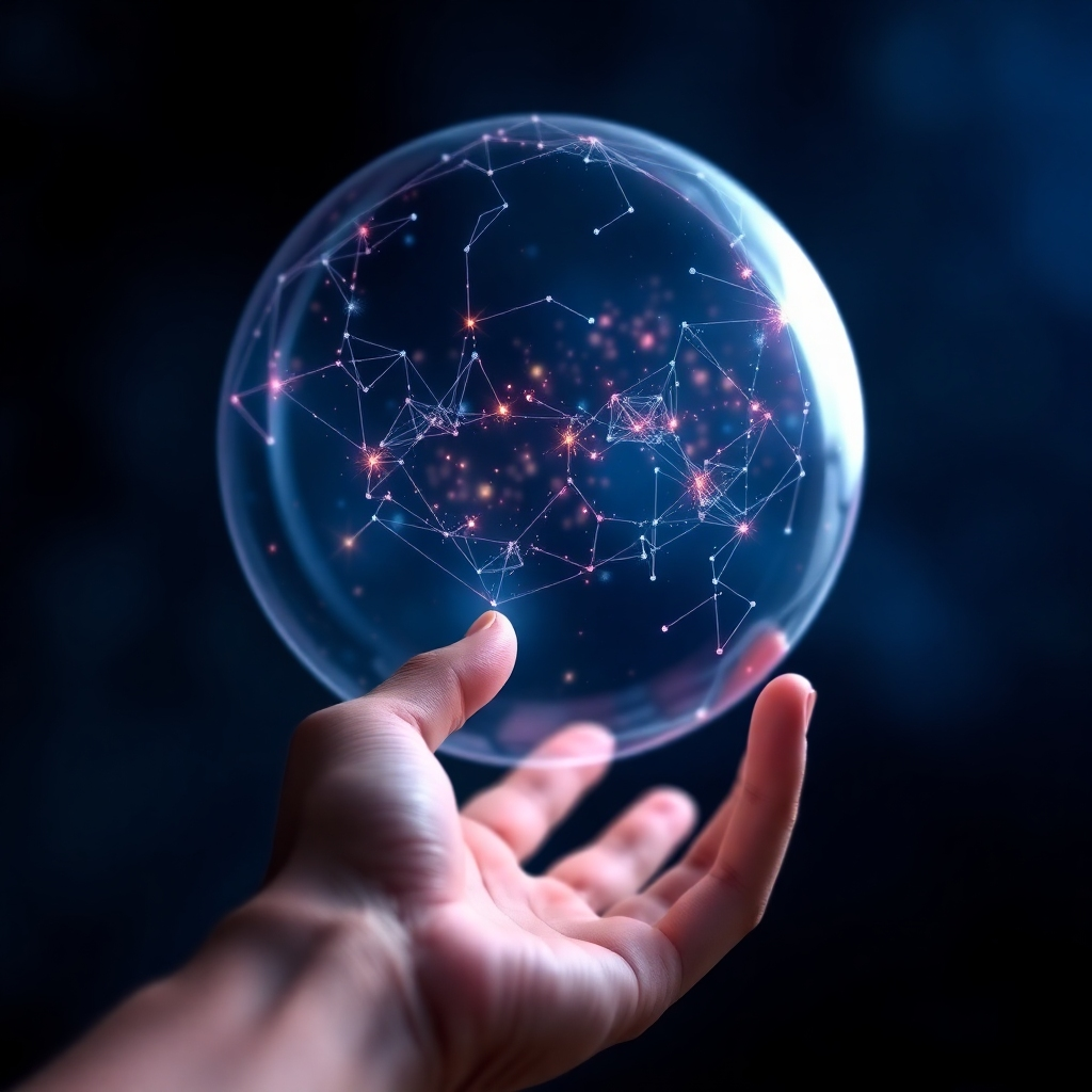 Create a photorealistic or stylized 4K image symbolizing JVC Digital's mission. Depict a human hand interacting with a glowing, abstract orb of digital art, generated by AI. The orb should pulsate with colors and shifting forms, indicating dynamic, creative energy. The hand should be positioned in a gesture of collaboration or creation. The background should be a blurred, dark-toned space suggesting depth and mystery. Use soft, ambient lighting to highlight the interaction between the hand and the orb. The color palette should be a combination of deep blues and purples, accented by bright sparks of color within the AI-generated orb. The style should resemble a blend of photorealism and subtle fantasy elements.