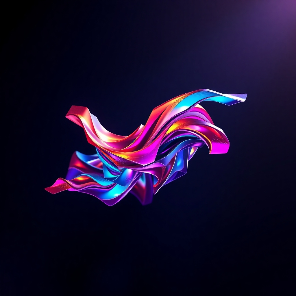 Create a photorealistic, ultra-high-quality 8K resolution image for JVC Digital's header. The image should depict a vibrant, abstract digital art piece generated by AI, floating in a dark, stylized space. The art should feature a blend of sharp geometric shapes and flowing organic forms, showcasing a spectrum of bright, saturated colors with hints of metallic textures. The composition should be balanced, emphasizing the visual harmony between technology and artistry. The lighting should be soft and diffused, with subtle highlights and shadows adding depth to the textures and forms. The camera angle should be slightly elevated, giving a perspective that highlights the AI-generated art's intricacy. Style references could include Syd Mead's futuristic designs and the vibrant colors found in modern digital art. The overall mood should be futuristic, elegant, and inspiring, representing the innovative spirit of JVC Digital.