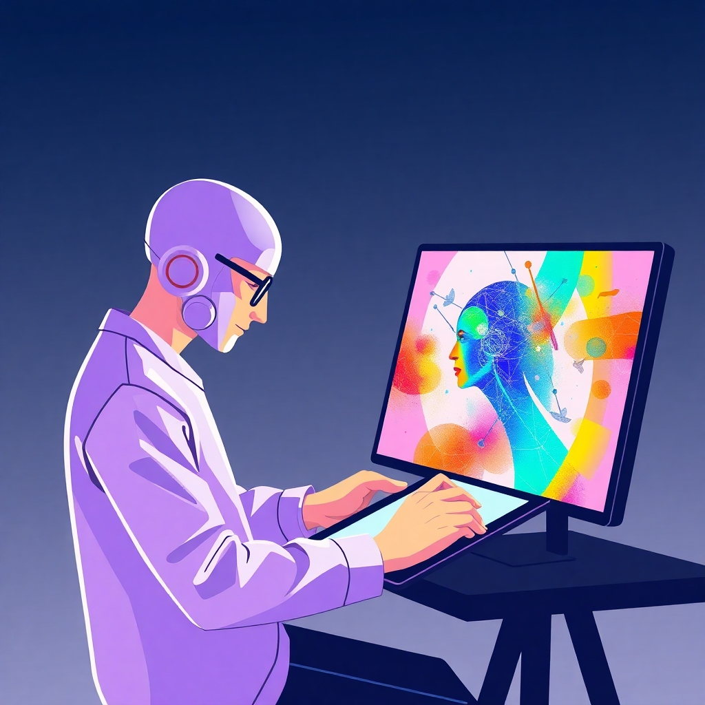 Create a stylized image depicting an artist working alongside an AI system. The artist should be using a digital tablet, with the AI system displayed on a screen next to them.  The image should feel collaborative, with vibrant colors and textures linking the human and AI elements. The style should be similar to a sleek, futuristic studio setting. Focus on clean lines and a minimalist aesthetic.