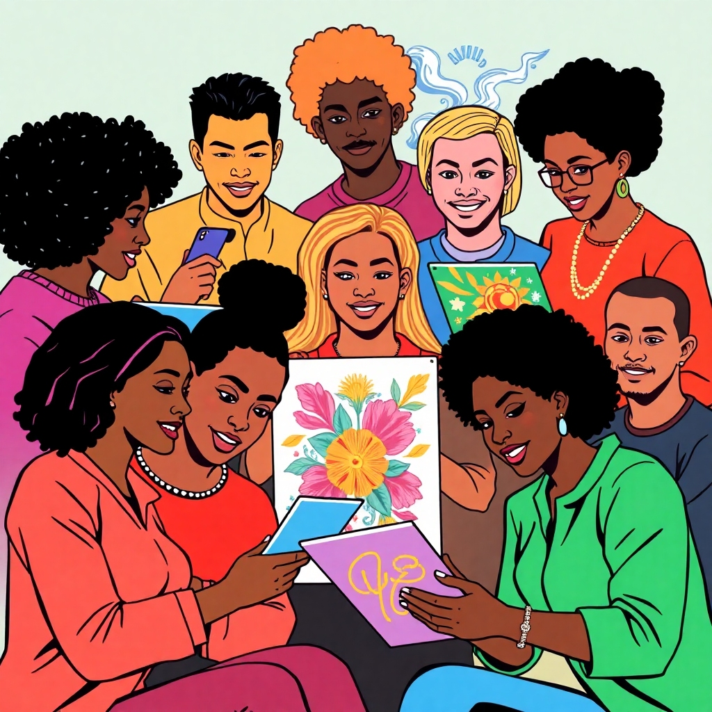 Create a stylized image representing diversity in art creation using AI. Show diverse individuals using AI tools to create art in varied styles. Use bold, bright colors and a dynamic composition that portrays energy and inclusivity. The image style should be inspired by pop art.