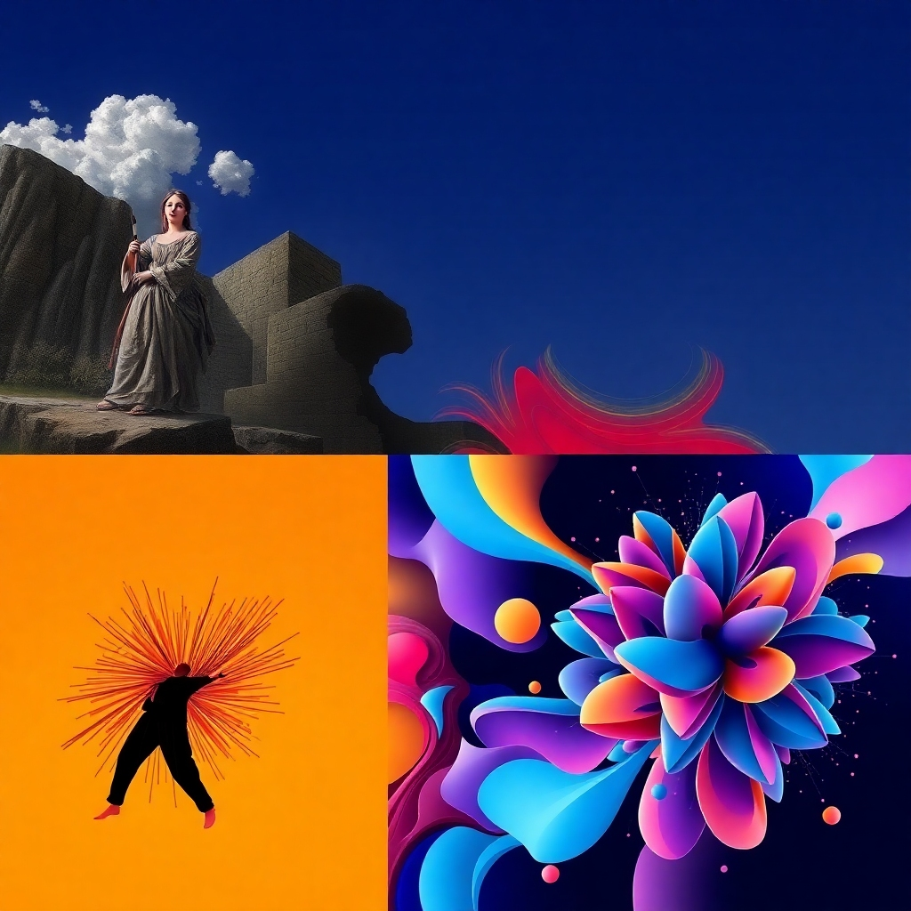 Create a stylized image showcasing the evolution of art from traditional painting to AI-generated art. Transition from classic painting styles to modern digital art, leading to dynamic abstract forms generated by AI. Use vibrant colors and contrasting styles to demonstrate the dramatic change in artistic approaches.