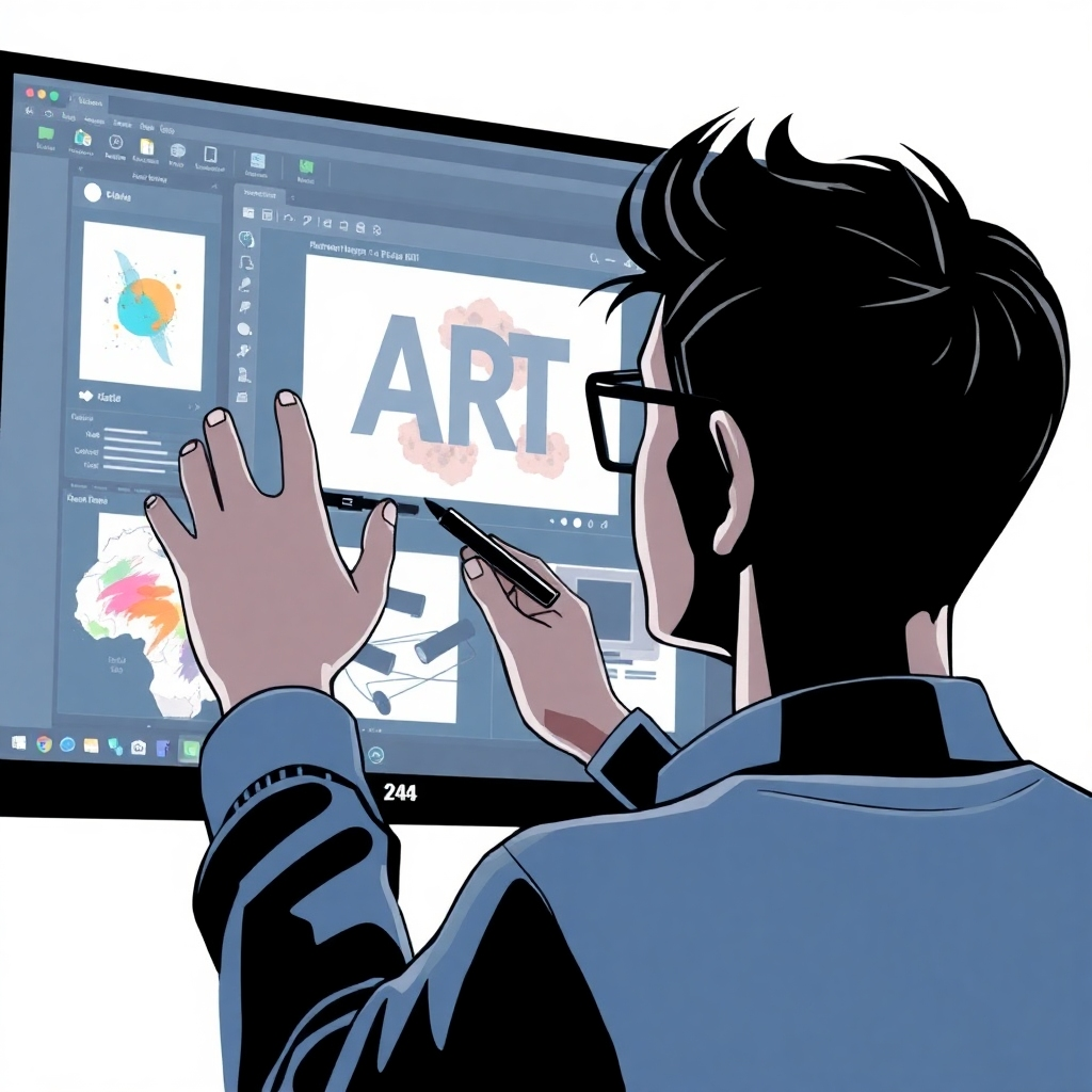 Create a stylized image showing a close-up view of an artist interacting with an AI-powered art program on a computer screen. Use dynamic visuals that emphasize the collaborative relationship between the artist and the technology. Use clean lines, a futuristic interface, and a futuristic color palette.