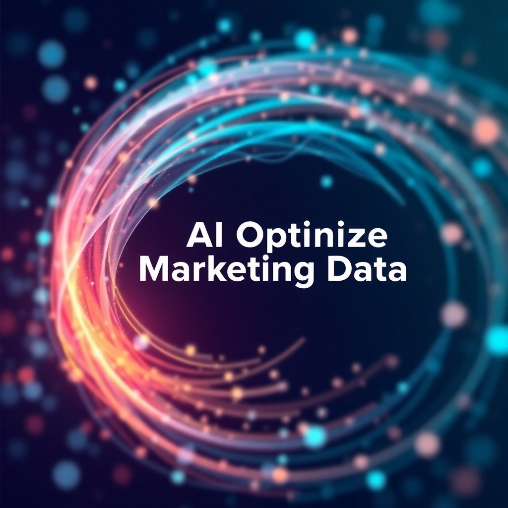 Create a stylized image that represents AI optimizing marketing data. Show abstract data streams flowing into an AI system that analyzes and transforms it into targeted marketing actions.  The style could be futuristic and abstract, with cool colors representing data and warmer colors representing marketing success.