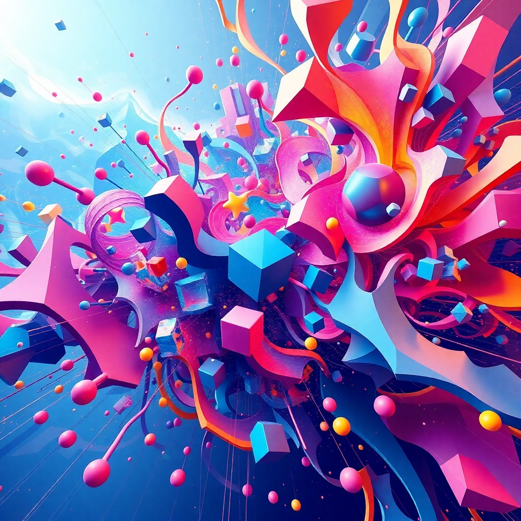 Create an abstract image showcasing the boundless nature of AI-generated art. Use a multitude of dynamic forms, vibrant colors, and a sense of movement that captures the boundless potential of AI art. The style should be futuristic and abstract, conveying the infinite possibilities for digital art.