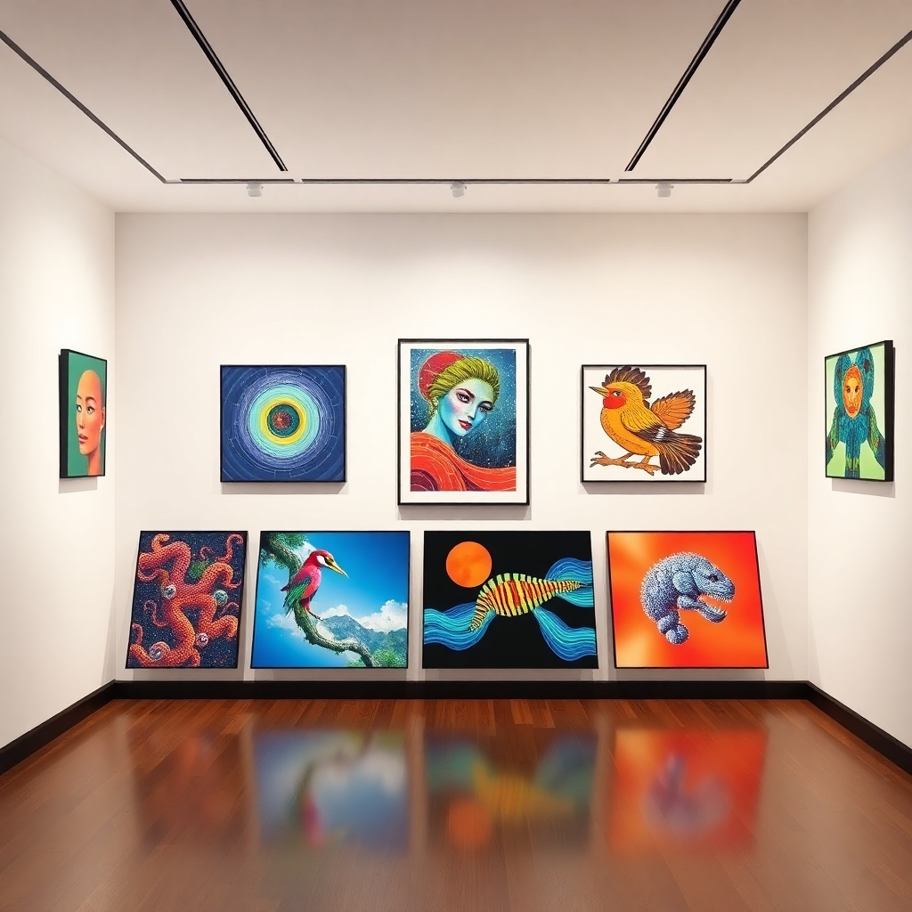 Create an image displaying a gallery of diverse art pieces generated solely by AI. The works should be unique, showcasing novel aesthetics and innovative artistic techniques. Use a well-lit, modern gallery setting with sleek, minimalist features. The images should appear as physical prints, highlighting AI art's tangible quality.