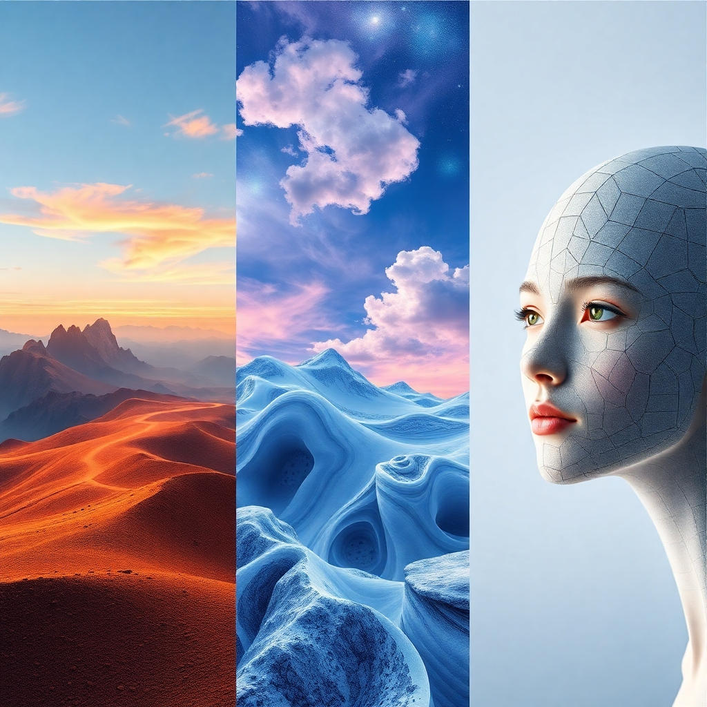 Generate a photorealistic 4K image depicting various AI-generated art styles side-by-side: surreal landscapes, abstract patterns, photorealistic portraits.  Each style should be clearly distinct, showcasing the versatility of AI in art creation. The overall mood should convey a sense of wonder and innovation. Use a neutral color palette to highlight the variety of artistic styles.
