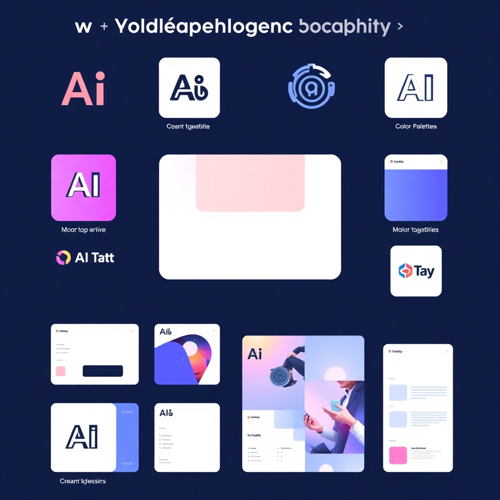 Generate an image depicting how AI can create a cohesive brand identity.  Show AI-generated logos, color palettes, and marketing materials that work together seamlessly. The image should be clean, professional, and showcase the power of AI-driven branding decisions.