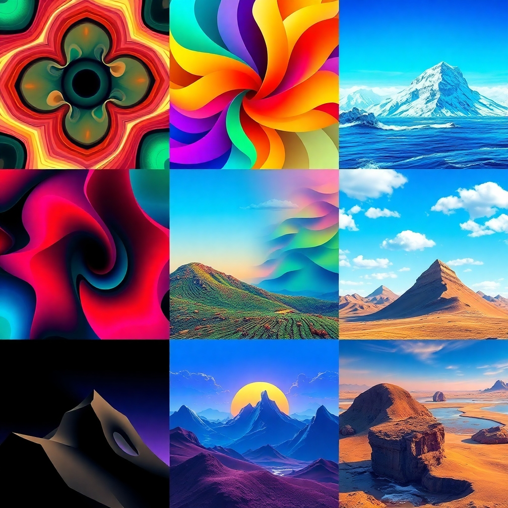 Generate an image showcasing a range of AI-generated art styles, including abstract patterns, photorealistic portraits, and surreal landscapes. Show how AI can create different styles to match branding needs. The image should be vibrant and showcase the versatility of AI art generation.