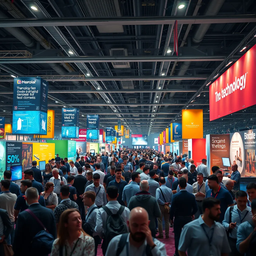 A bustling conference hall filled with people networking and attending presentations. The atmosphere is dynamic, with colorful banners and signage showcasing technology innovations.