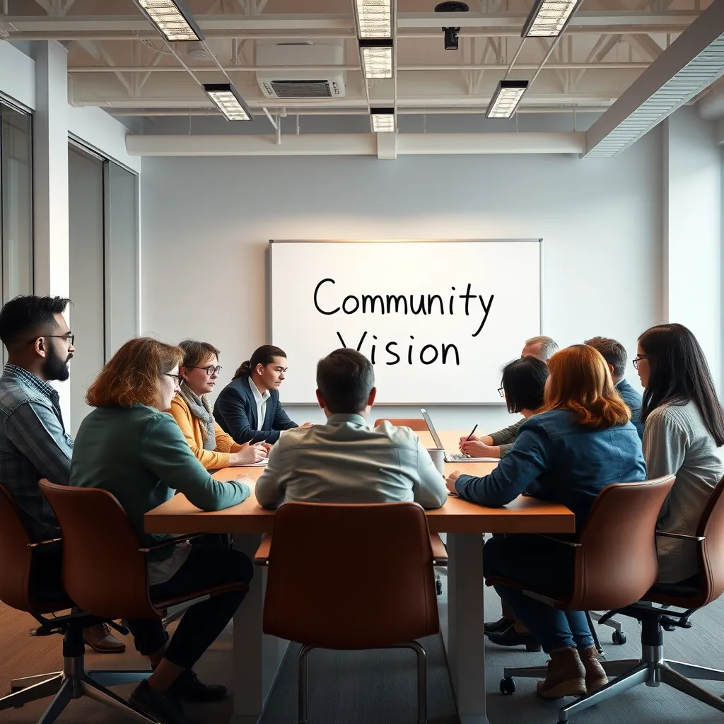 A diverse group of people, representing different roles and backgrounds, sitting around a large table in a modern office space, engaged in a discussion. They are looking at a whiteboard with the words 'Community Vision' written on it. The image should convey a sense of collaboration, focus, and shared purpose.