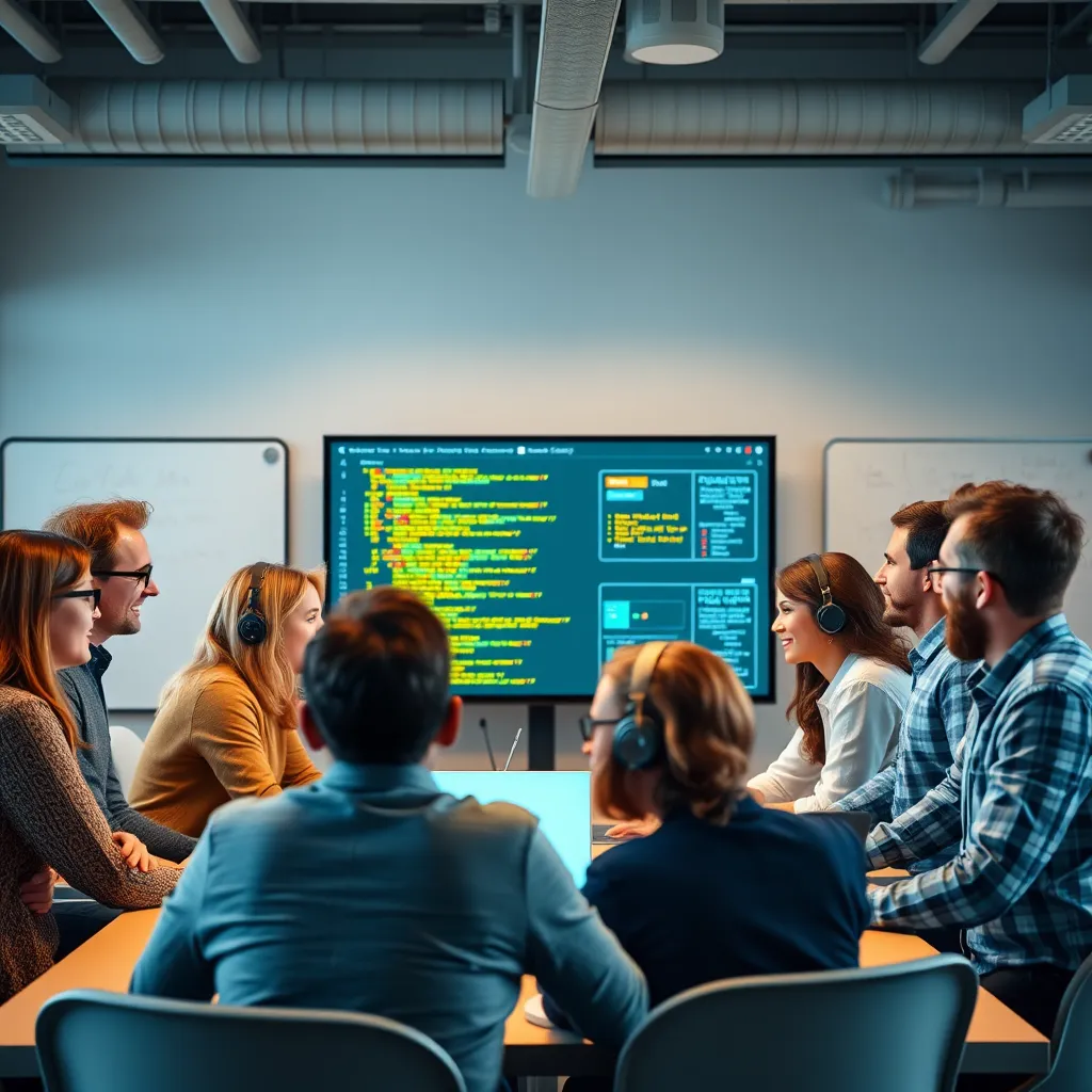 A diverse group of people, representing different ages and backgrounds, are gathered around a large screen, collaborating on a technology project. The screen displays code, diagrams, and other technical information. The atmosphere is energetic and collaborative, with people engaged in discussions and sharing ideas. The background is a modern, tech-focused workspace with laptops, whiteboards, and other tools.