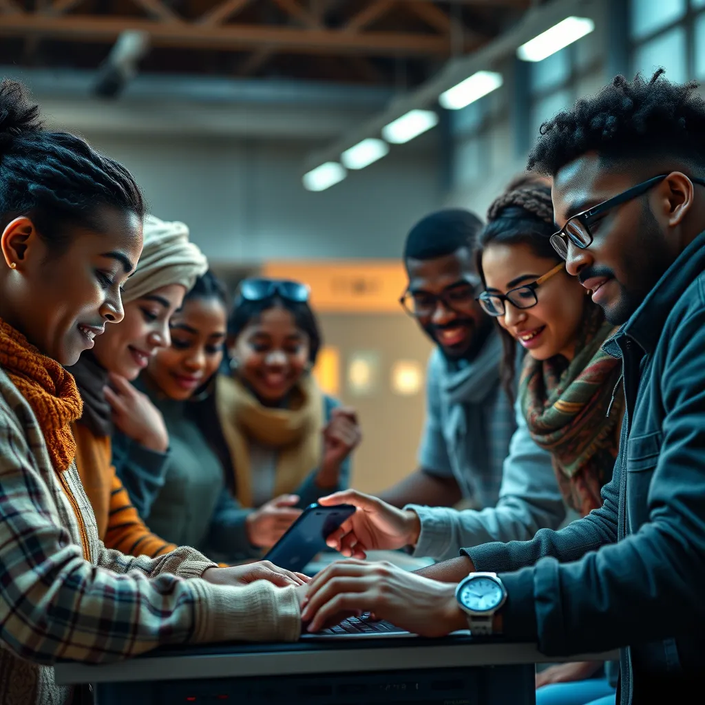 A diverse group of people from various backgrounds and cultures are collaborating on a tech project. They are using technology to address social issues and create positive change in their communities. The image should convey a sense of unity and purpose.