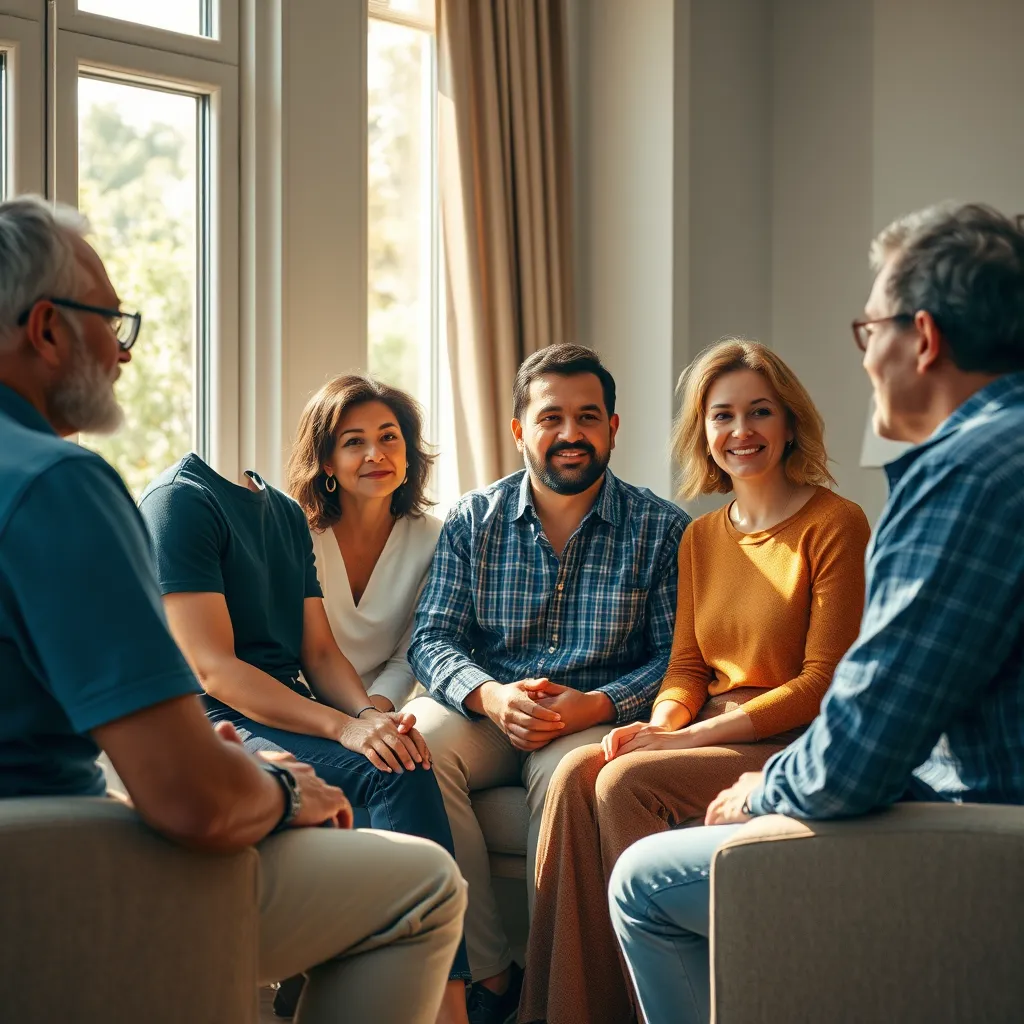 A group of diverse individuals, representing the community, engaging in a conversation with a steering member. The setting is a comfortable and informal space, with sunlight streaming through windows. The image should depict an open dialogue and exchange of ideas, emphasizing the importance of transparency and trust.