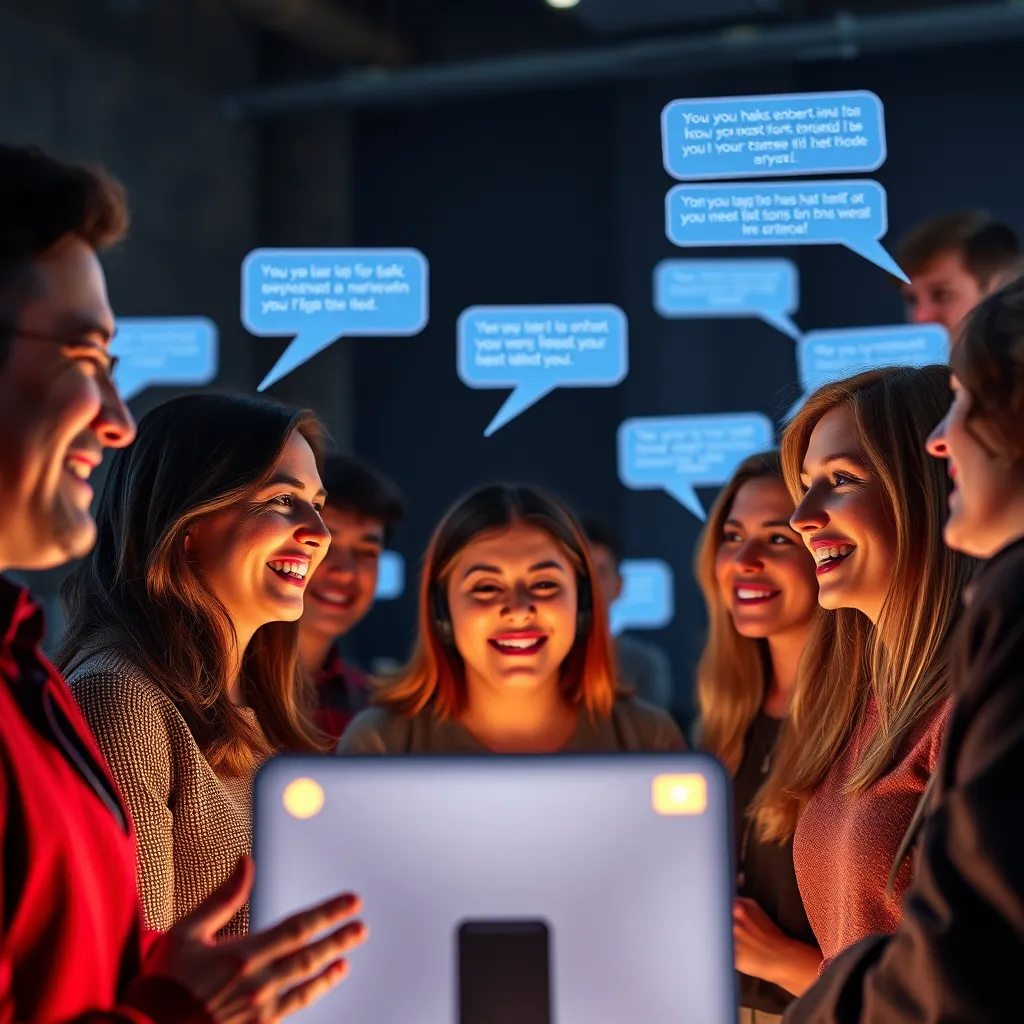 A group of people, diverse in age and background, gathered in a virtual space, represented by glowing screens. They are interacting with each other, sharing smiles, and offering encouragement through online chat.