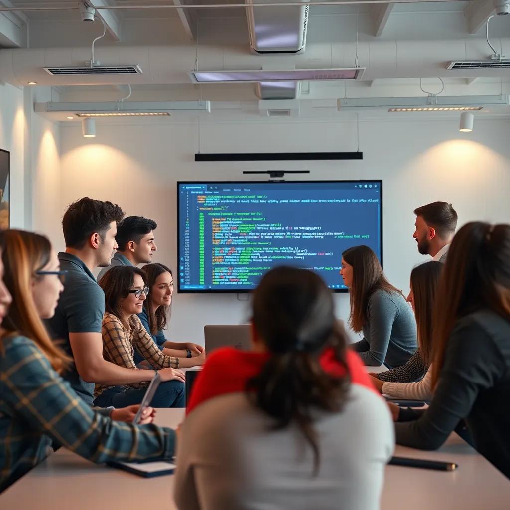 A group of people of different ages and backgrounds gathered around a large screen, actively participating in a coding workshop. The atmosphere is friendly and collaborative, with a focus on learning and mentorship.