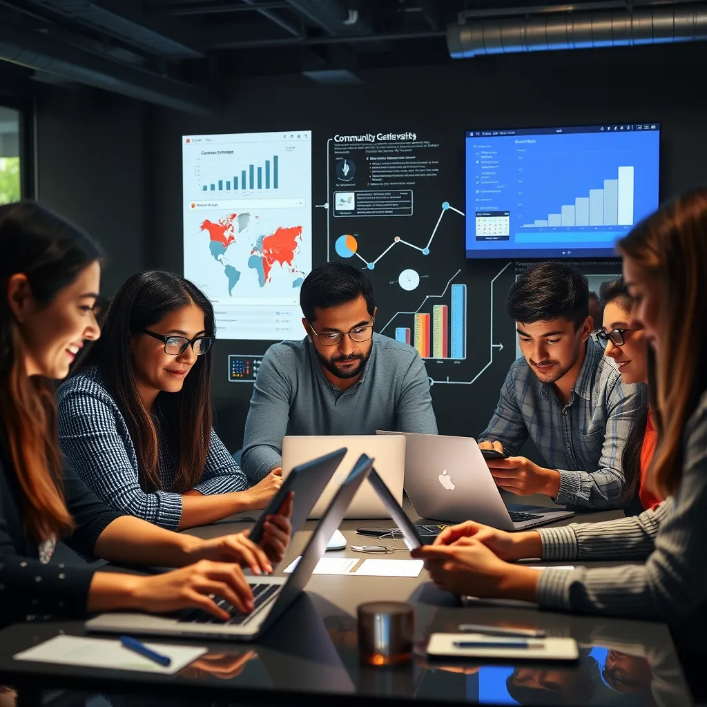 A group of people working together in a collaborative environment, using technology like laptops and tablets. They are surrounded by visual representations of community growth, such as graphs, charts, and diagrams. The image should highlight the dynamic and collaborative nature of community development.