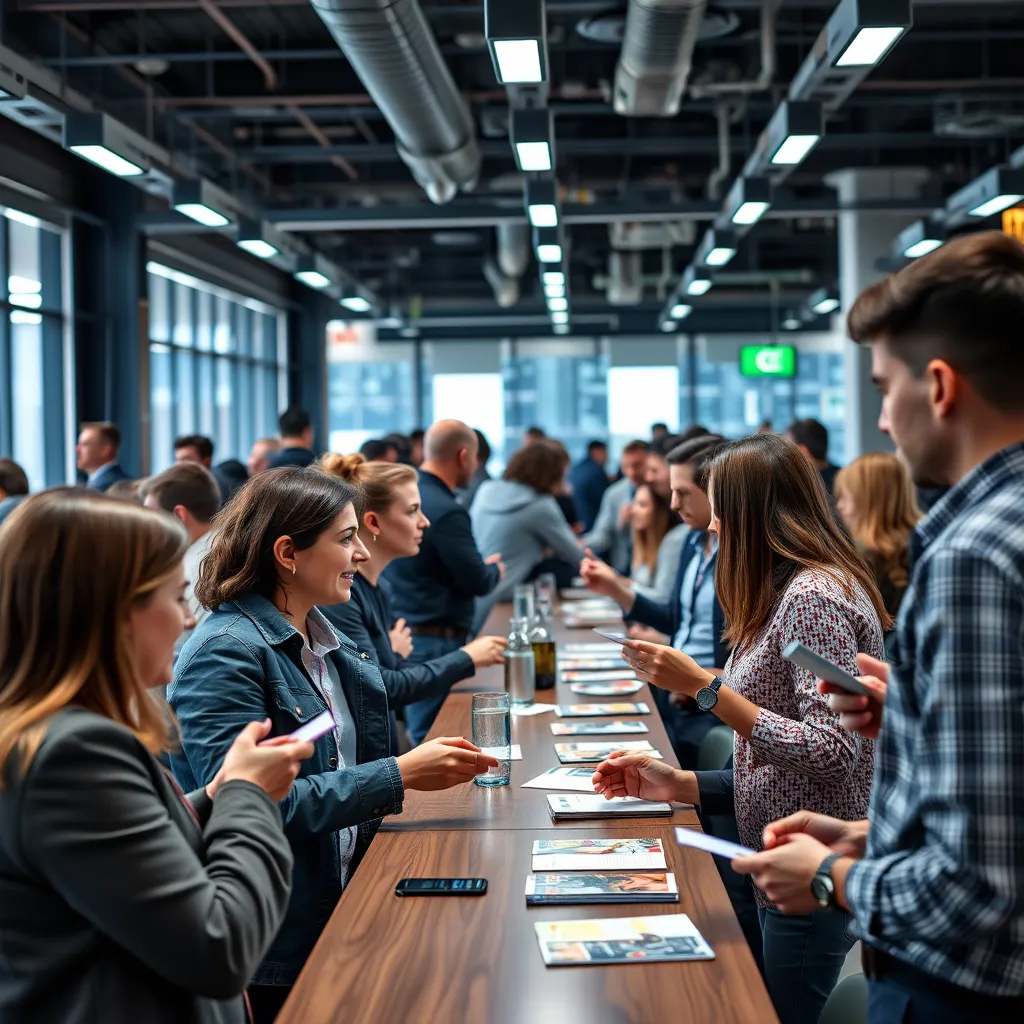 A modern co-working space with people from various backgrounds interacting and collaborating.  Focus on the exchange of business cards, networking events, and casual conversations with a backdrop of a bustling tech company environment.