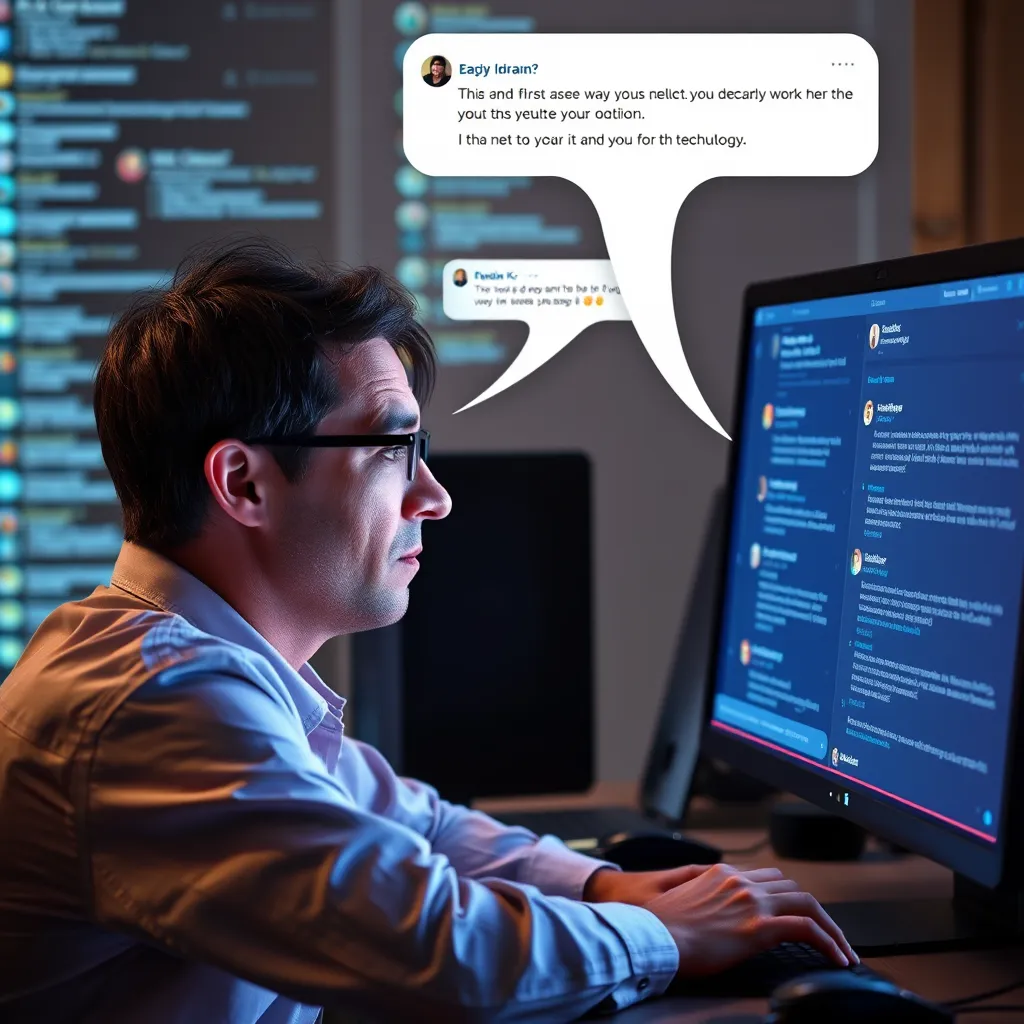 A person is facing a technical issue on their computer, looking confused and frustrated. A helpful member of a technology community is offering assistance, explaining the problem and providing solutions. The scene takes place in a vibrant online forum, with messages and discussions filling the screen. The user's expression changes from frustration to relief as they understand the solution.