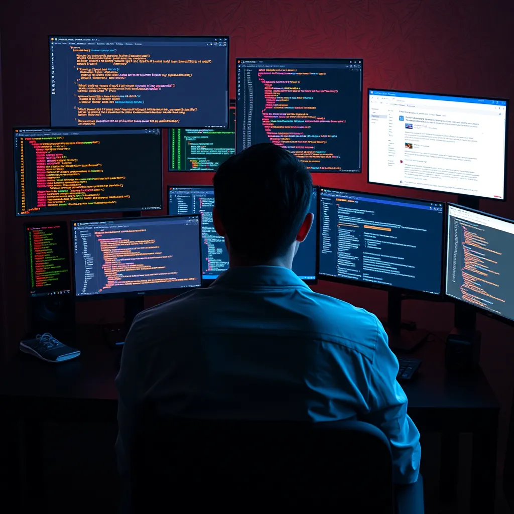 A person sitting at a computer screen, surrounded by multiple digital windows showcasing helpful resources like code snippets, tutorials, and online forums.  The person is engaged with the content, actively seeking answers and support within the community.