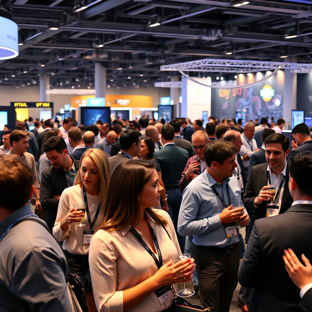A professional networking event at a technology conference. Attendees are mingling and discussing their work in a lively and relaxed atmosphere. They are wearing business casual attire and holding drinks, showcasing their professional connections. The background is a modern conference hall with technology-themed decorations and displays.