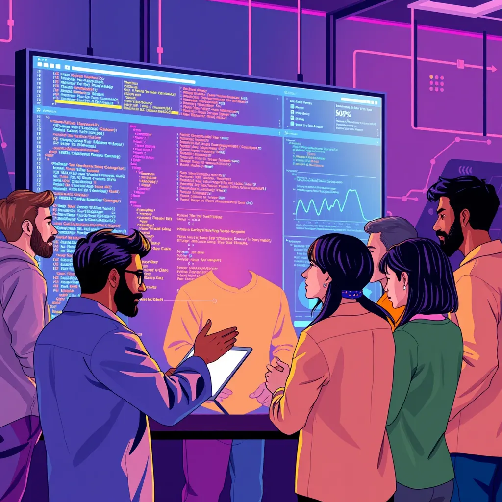 A vibrant, colorful illustration of a diverse group of people, representing different tech roles, gathered around a large digital screen displaying code, graphs, and data. They are actively engaged in discussions, sharing ideas, and working together on a project.