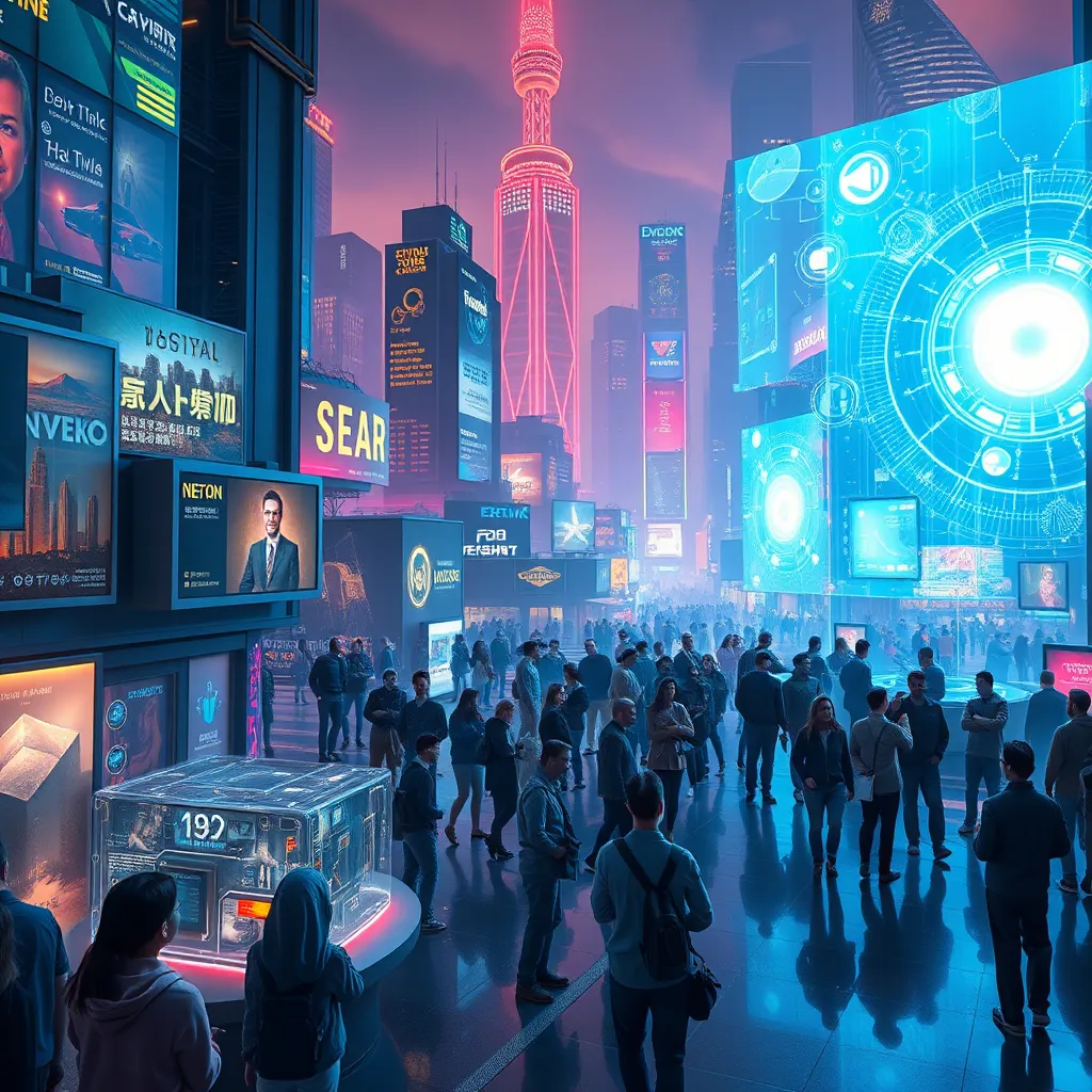 A vibrant, futuristic cityscape with holographic projections showcasing innovative technologies, surrounded by diverse people collaborating and sharing ideas. The overall mood should be one of excitement and progress.