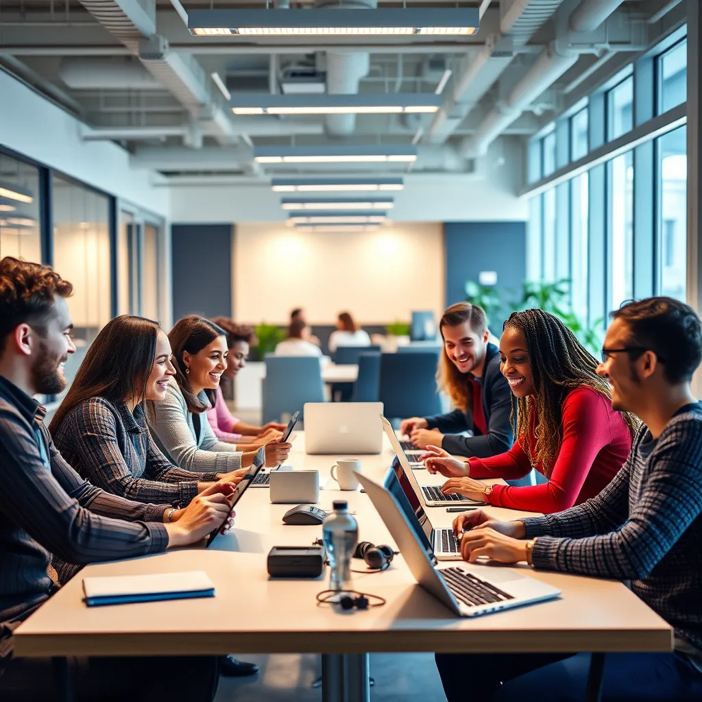 A vibrant, modern office space with diverse people collaborating around a table, sharing ideas and using laptops and tablets.  They are smiling and engaged in a lively discussion about technology.