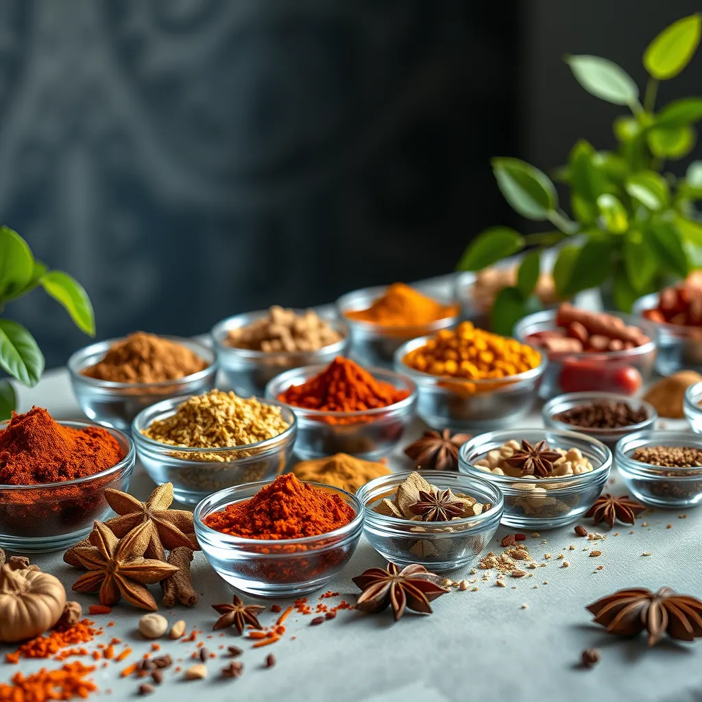 A beautifully arranged table setting with various spices from different cultures, including Indian spices like turmeric and cumin, Mexican chili peppers, and Chinese star anise. The image should be vibrant and colorful, highlighting the diversity of spices.