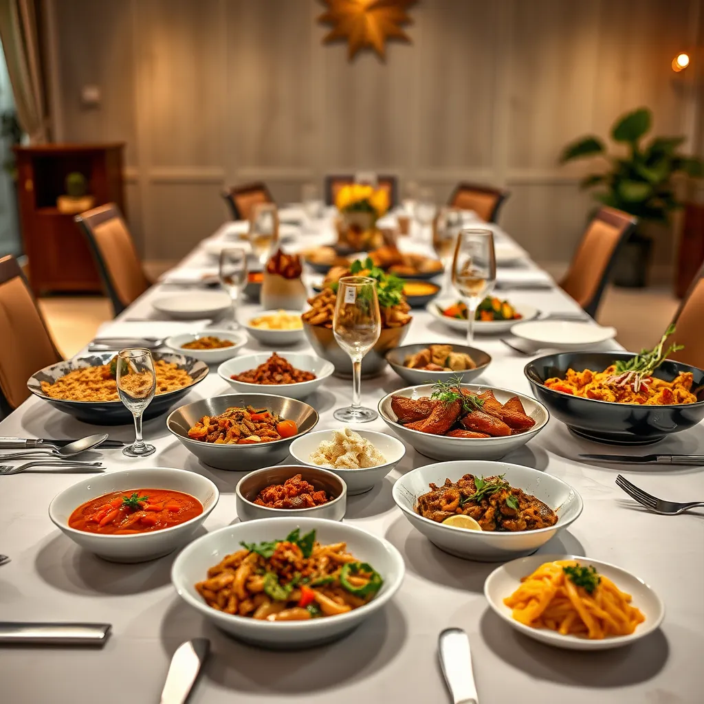 A beautifully arranged table setting with a variety of dishes, including both traditional and creative ones, each featuring unique spice combinations and condiment pairings. The table should be set with elegant tableware, and the background should be a stylish and modern dining room with soft lighting.
