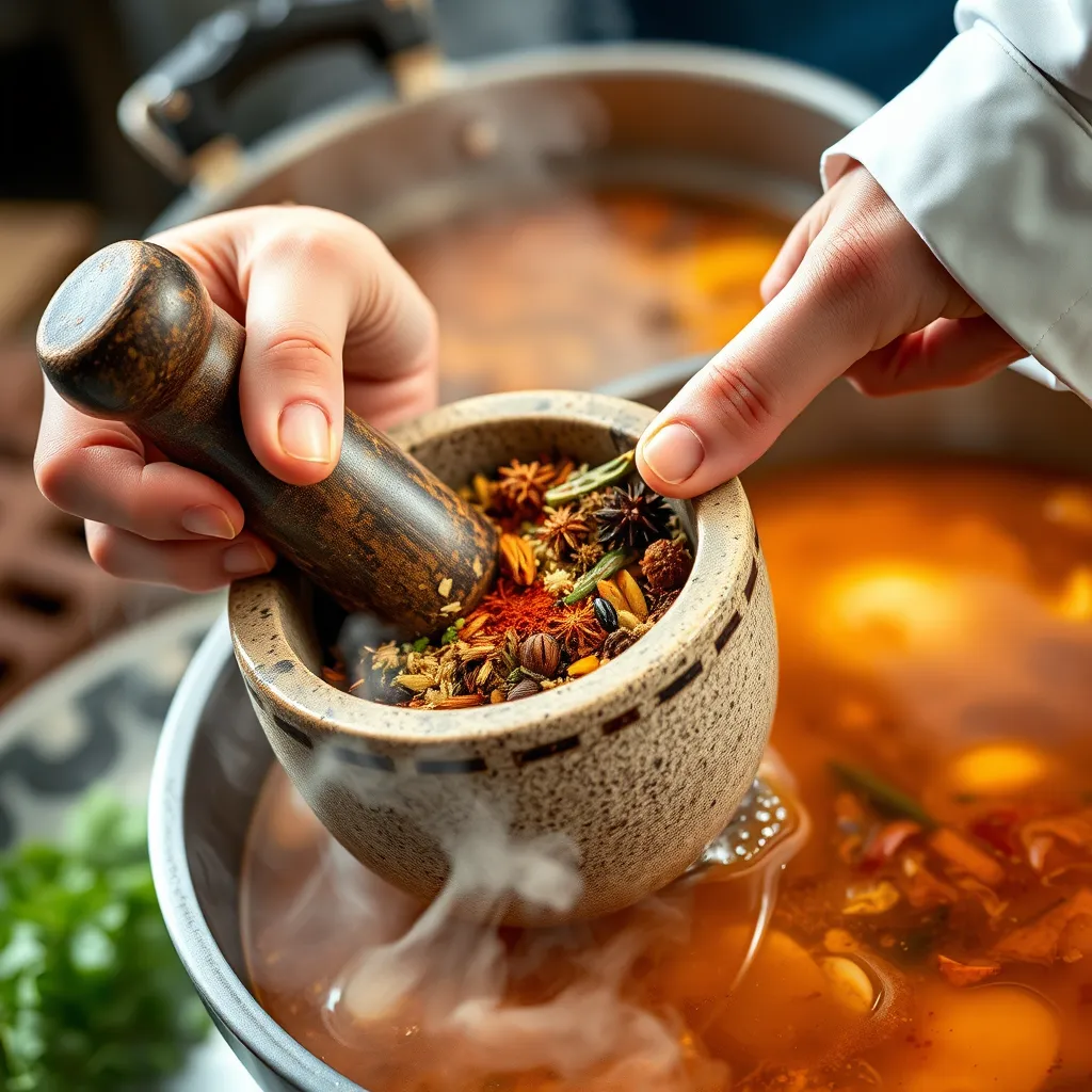 A close-up, photorealistic image of a chef's hand carefully blending a variety of spices and herbs in a mortar and pestle, with a steaming pot of flavorful broth in the background. The image should capture the essence of precision and creativity in crafting culinary masterpieces.