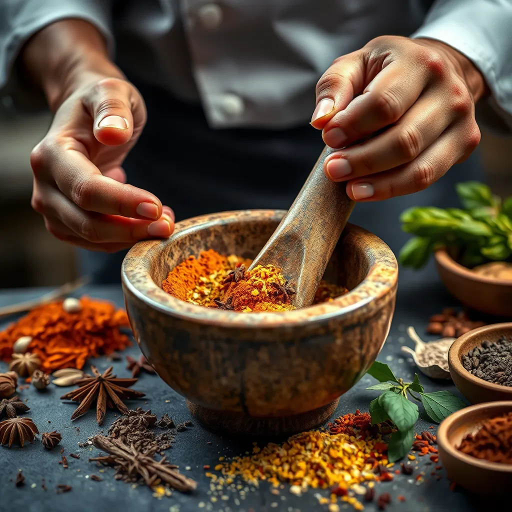 A close-up shot of a chef's hands expertly blending spices in a mortar and pestle, with a variety of dried spices and herbs arranged around them. The image should capture the meticulous process of creating spice blends.