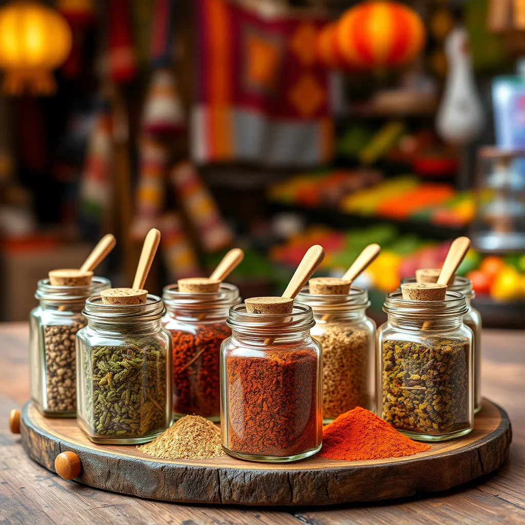 A close-up shot of a collection of artisan spice blends arranged on a rustic wooden table. Each blend is in a small, clear glass jar with a cork top, showcasing the vibrant colors and textures of the spices. The jars are arranged in a semi-circle, with a small wooden spoon resting on top of each jar. The background is a blurred image of a bustling Asian market, with vibrant fabrics and fresh produce. The lighting is warm and natural, casting a soft glow on the spices. The image should have a high level of detail and depth, capturing the intricate textures and patterns of the spices. The overall mood is one of warmth, vibrancy, and authenticity, reflecting the passion and expertise of Asia Spice.