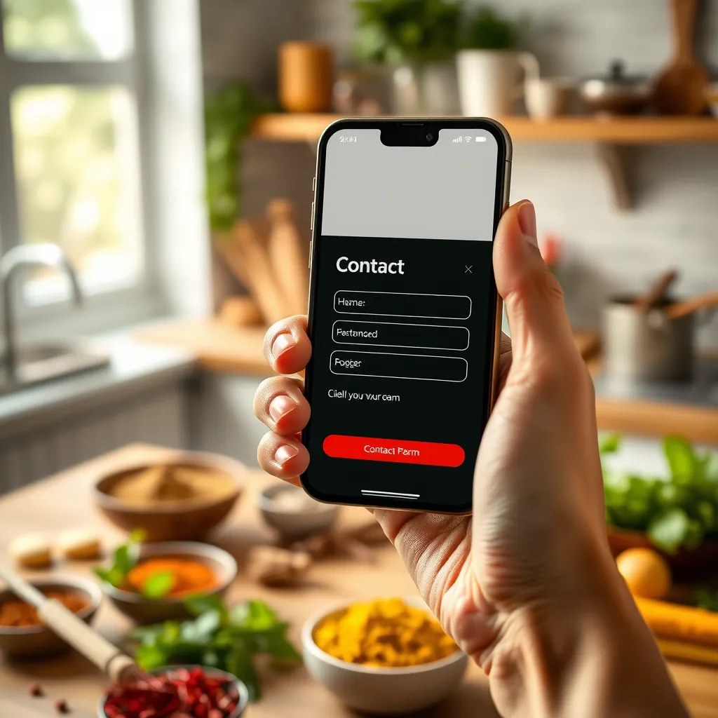 A close-up shot of a hand holding a smartphone with the website's contact form open. The background should be a warm and inviting kitchen setting with various spices and herbs scattered around. The image should convey a sense of friendly and approachable communication.