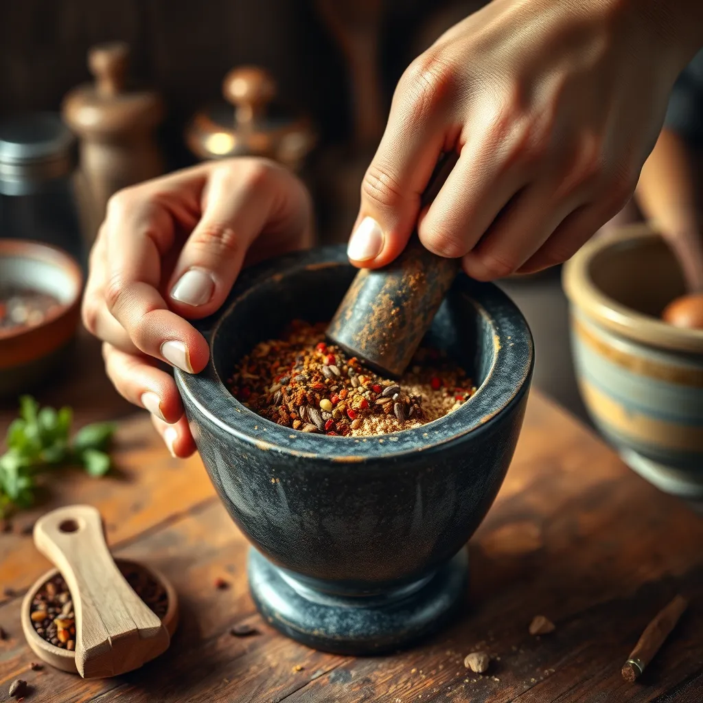 A close-up shot of a person's hands carefully blending a variety of spices in a mortar and pestle. The spices should be a mixture of whole and ground, and the image should highlight the process of creating a custom blend. The background should be a rustic kitchen with wooden surfaces and natural lighting. 