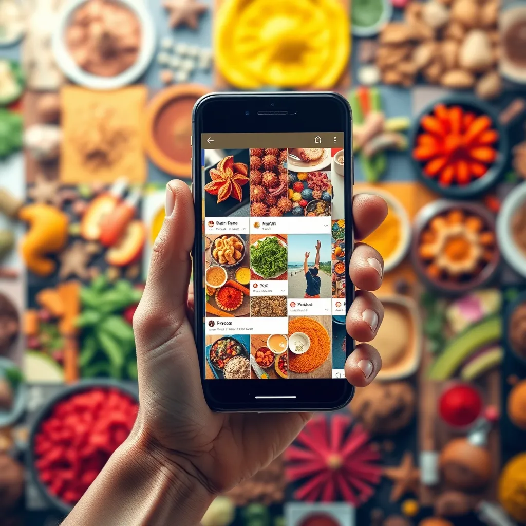 A hand holding a smartphone displaying various social media platforms, each with a different image related to spices and flavors. The background should be a colorful and dynamic collage of food photography, showcasing the diverse world of spices. The image should convey a sense of community and connection around shared passions.