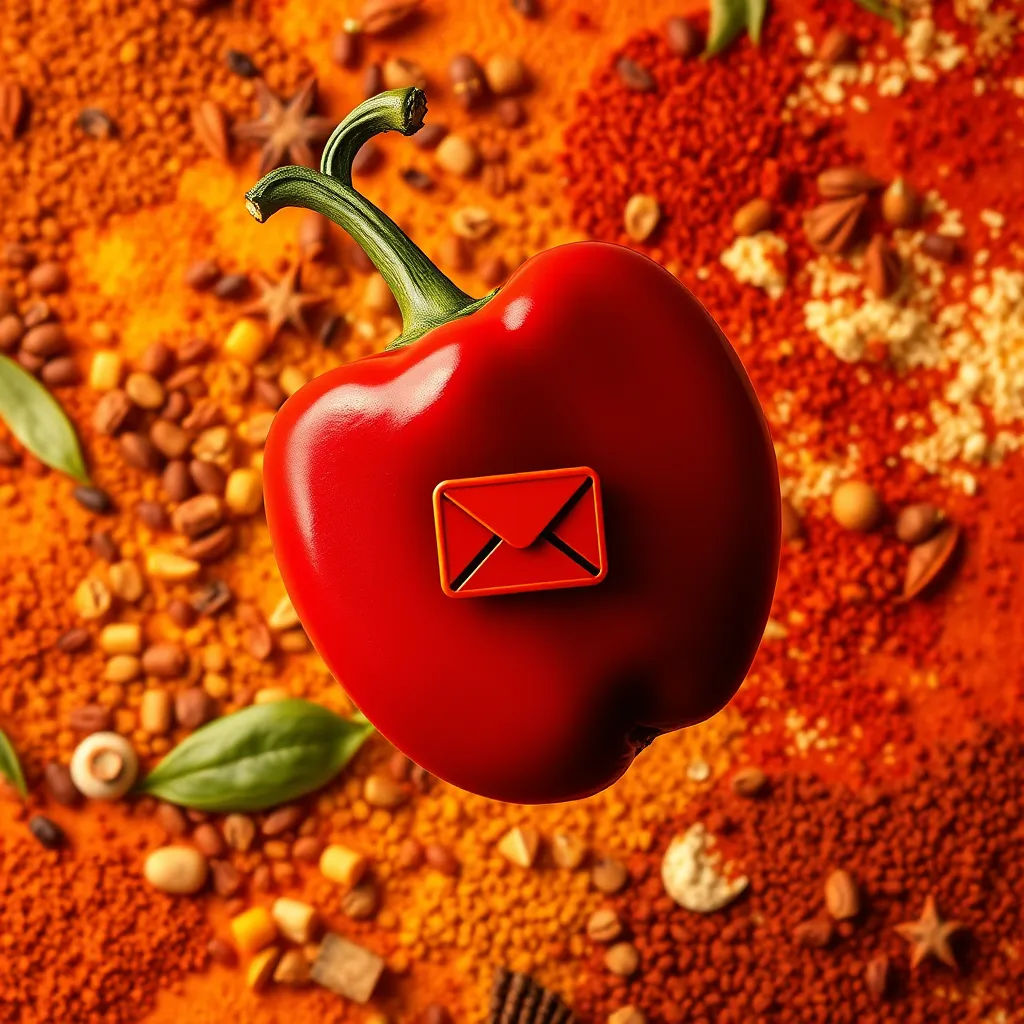 A stylized image of a red chili pepper with a small email icon embedded within it. The background should be a vibrant, abstract pattern featuring various spices and herbs. The image should convey a sense of excitement and anticipation for spice-related content.
