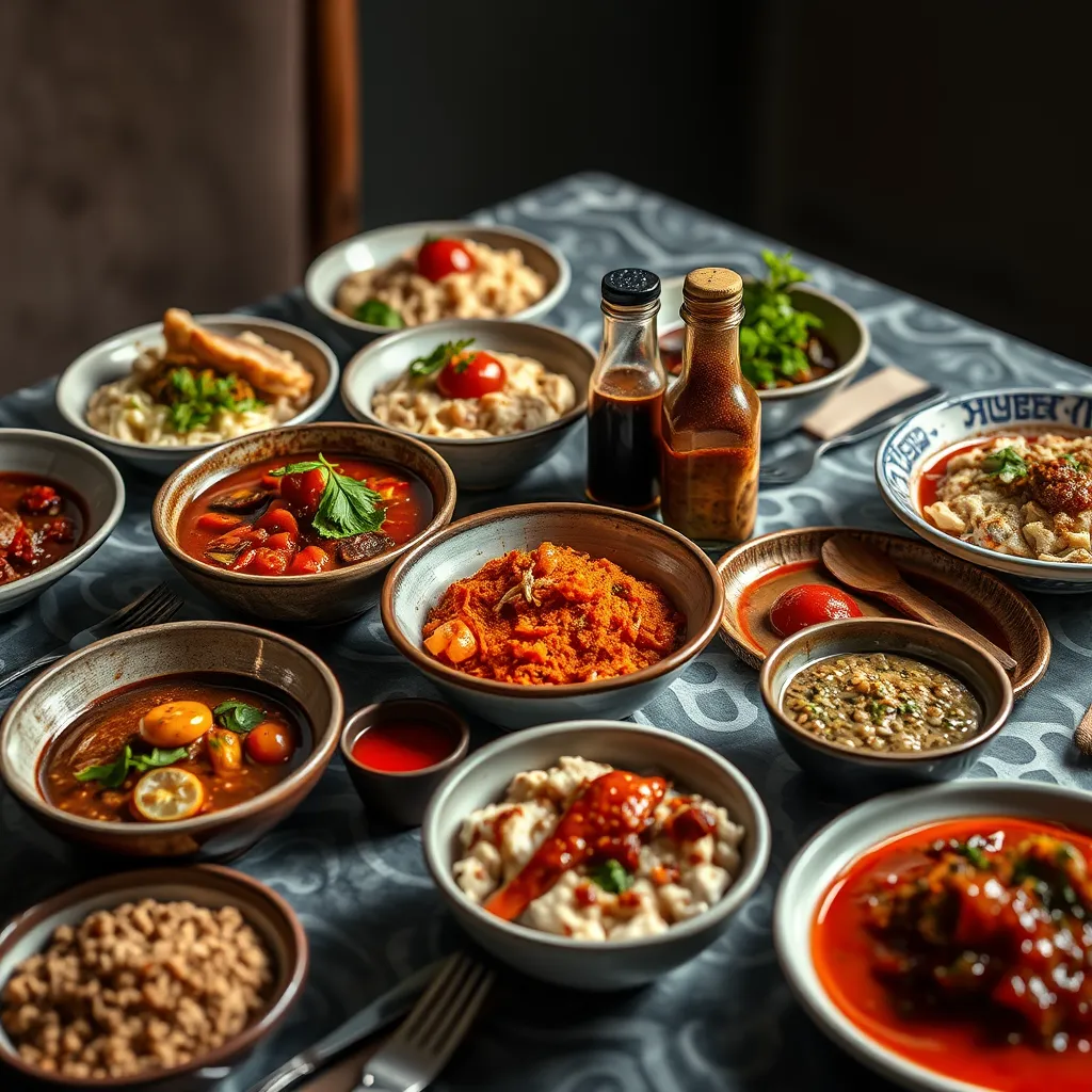 A table beautifully set with a variety of dishes, each adorned with different condiments, showcasing a diverse range of culinary applications for spices and sauces. The image should be inviting and appetizing, highlighting the transformative power of condiments.