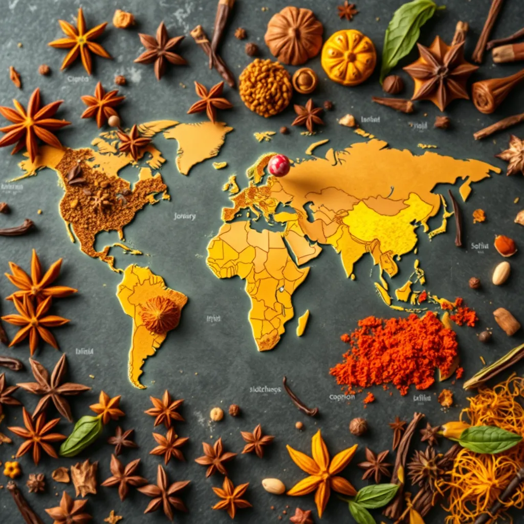 A vibrant, photorealistic illustration depicting a world map with various spices pinned to different locations, each spice with a unique visual style reflecting its origin. The map should be surrounded by a tapestry of exotic spices, such as star anise, cloves, and saffron, arranged in a visually appealing and artistic manner.