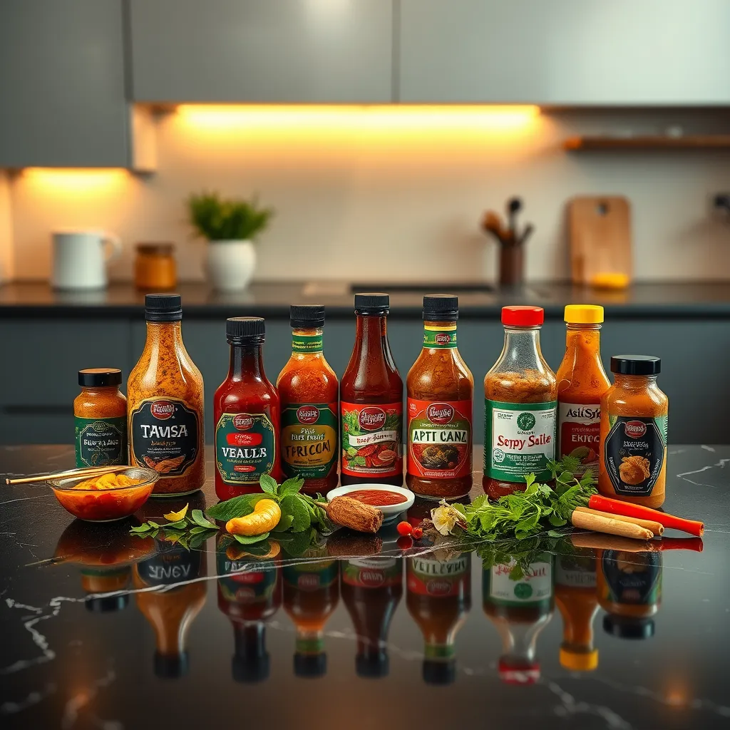 A visually appealing tabletop scene featuring a variety of Asian condiments arranged on a sleek, black marble surface. The scene is lit with soft, warm lighting that creates a sense of intimacy and elegance. The condiments include a selection of vibrant sauces, pickles, and pastes, each presented in unique and attractive containers.  A few fresh herbs and vegetables are scattered around the condiments, adding pops of color and natural texture. The background is a blurred image of a minimalist, modern kitchen. The camera angle is slightly elevated, capturing the scene from a bird's-eye perspective. The image should have a highly polished, professional aesthetic, showcasing the quality and sophistication of Asia Spice's offerings.