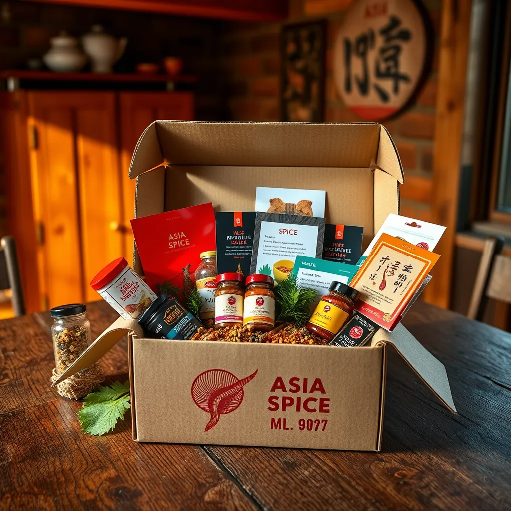 A visually dynamic and exciting image showcasing a monthly spice subscription box. The box is placed on a rustic wooden table in a warm, inviting setting. The box is open, revealing a variety of vibrant spices, condiments, and recipe cards. Each item is carefully arranged and presented in a visually appealing manner, highlighting the quality and variety of the contents. The image is shot with a dynamic camera angle, capturing the excitement and anticipation of receiving the box. The lighting is natural and warm, emphasizing the rich colors and textures of the spices. The overall mood is one of discovery, adventure, and culinary inspiration, reflecting the value and excitement of the Asia Spice subscription box.