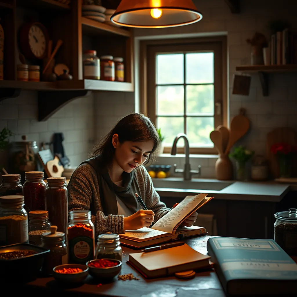 A warm and inviting kitchen setting with a person writing in a journal surrounded by spice jars and cookbooks. The image should evoke a sense of passion and creativity, highlighting the joy of exploring spices.