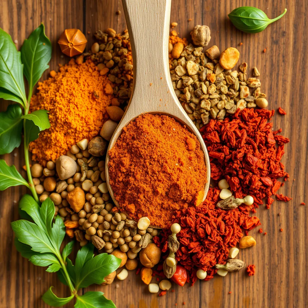 A vibrant, colorful display of various spices arranged in a circular pattern, showcasing their diverse colors, textures, and shapes. The background should be a warm, inviting kitchen setting with natural light streaming in. 