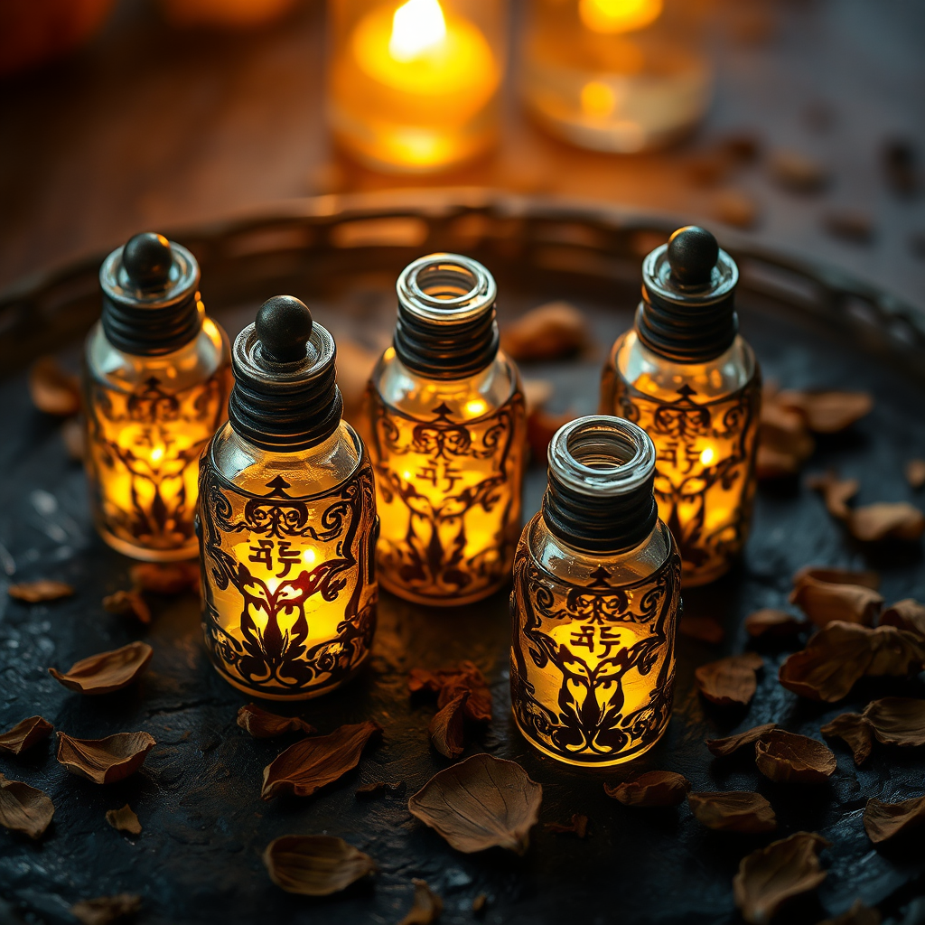 Sticluțe cu uleiuri esențiale sacre, iluminate auriu