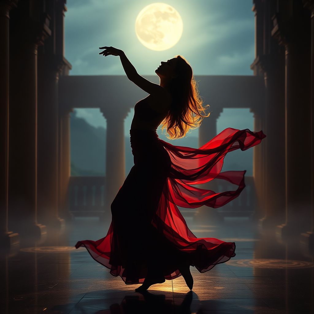 Silueta feminină dansând într-un cadru mistic, cu accente aurii