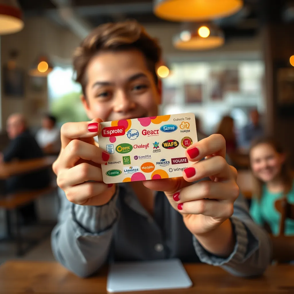 A close-up, photorealistic image of a customer holding a loyalty card with a vibrant design featuring the logos of multiple local businesses. The card is made of high-quality, textured material and has a glossy finish. The customer is smiling and holding the card prominently, showcasing their pride in supporting local businesses and their excitement for earning rewards. The background features a warm and inviting cafe setting, with a wooden table, soft lighting, and a gentle hum of conversation. The lighting is soft and diffused, creating a warm and welcoming ambiance. The image should evoke a sense of community and reward, emphasizing the benefits of participating in shared loyalty programs.