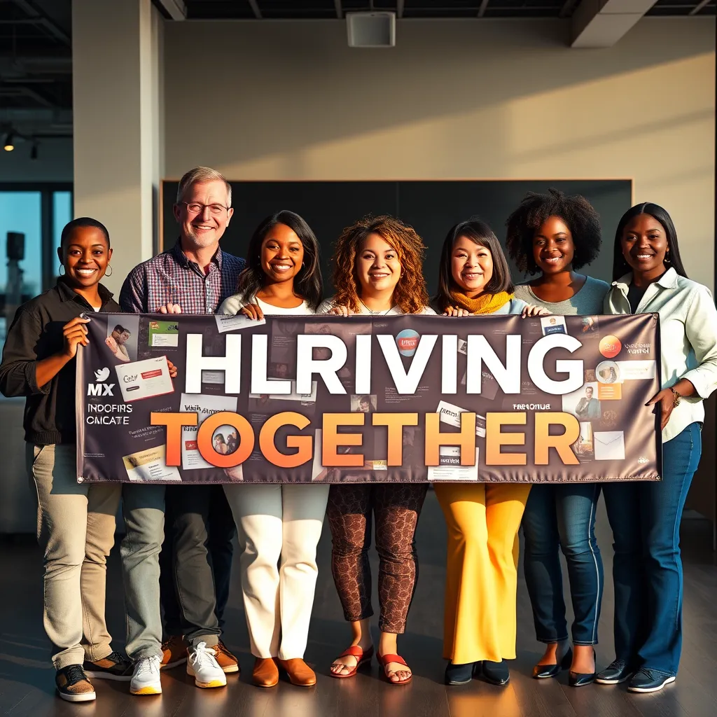 A group of diverse business owners standing together, holding a large banner with the words "Thriving Together." The banner is filled with images of marketing materials, showcasing various promotional strategies like social media campaigns, email blasts, and events, highlighting the collective power of collaboration.